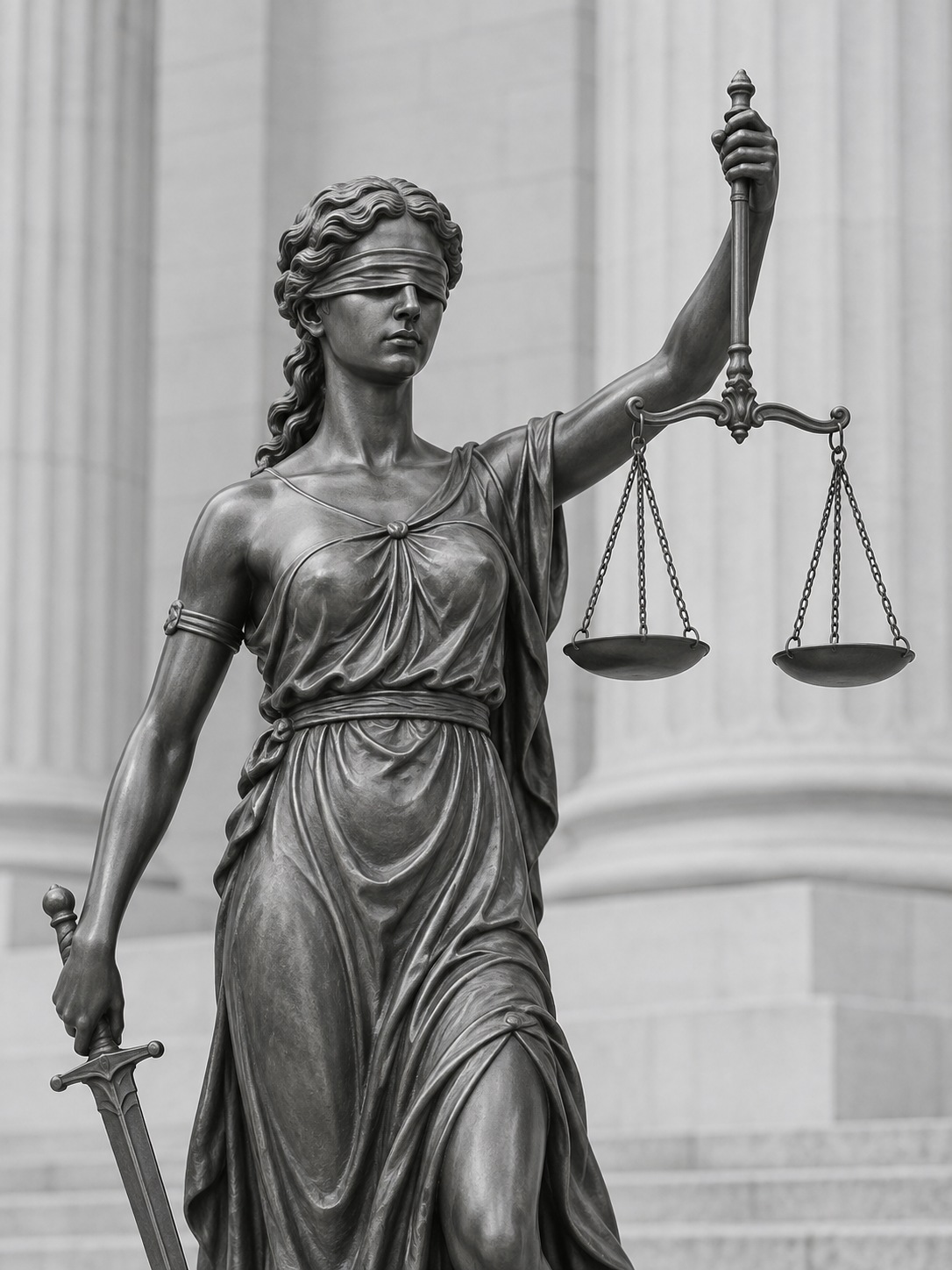 Justitiafigur als Symbol für gerichtlichen Rechtsschutz; KI-Symbolbild