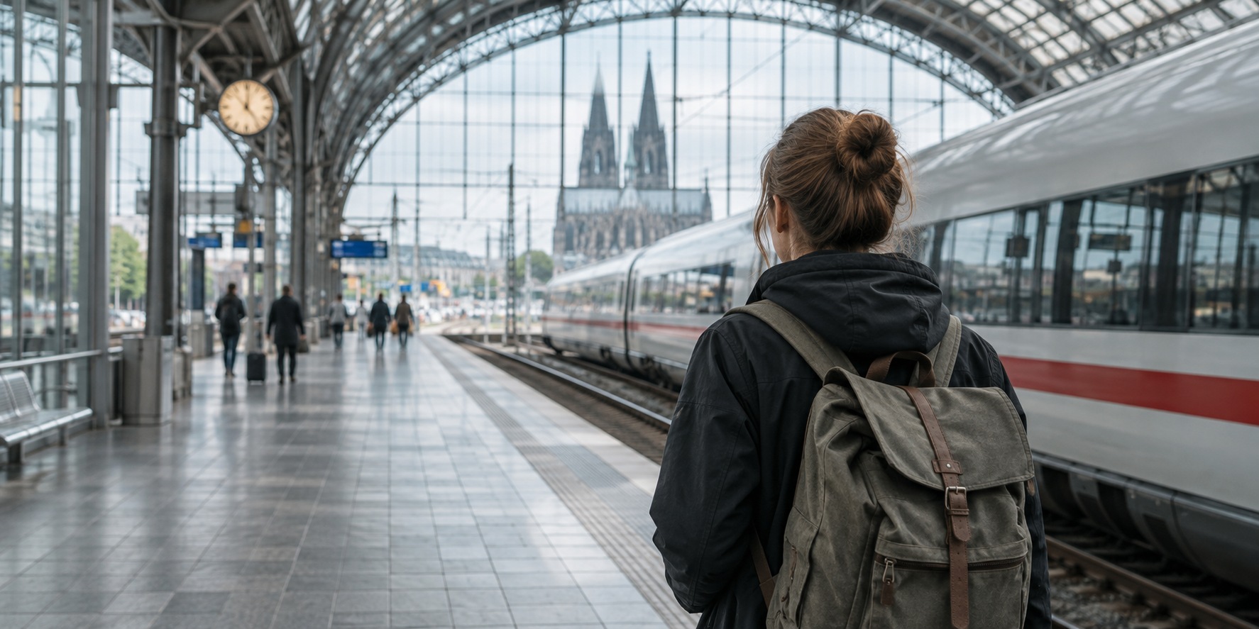 Reisender an einem Bahnhof; KI-Symbolbild