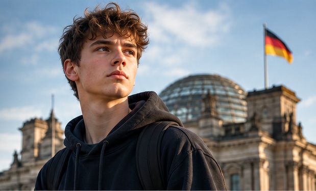 Junger Erwachsener mit Rucksack vor einem Parlamentsgebäude; KI-generiertes Symbolbild